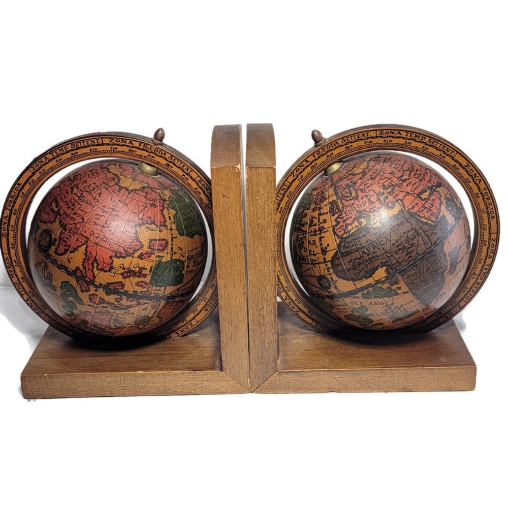 Vintage Pair of Old World Wood Globe Bookends W/ Dragons & Poseidon - Picture 4 of 7